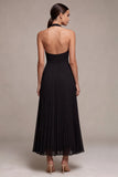 Chiffon Black A-Line Halter Neck Pleated Maxi Formal Dress