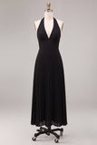 Chiffon Black A-Line Halter Neck Pleated Maxi Formal Dress