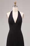 Chiffon Black A-Line Halter Neck Pleated Maxi Formal Dress