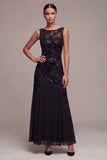 A-Line Chiffon Black Sequins Bateau Neck Maxi Formal Dress