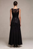 A-Line Chiffon Black Sequins Bateau Neck Maxi Formal Dress