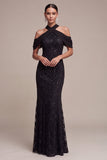 Mermaid Black Sequins Halter Neck Lace Maxi Formal Dress