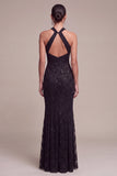 Mermaid Black Sequins Halter Neck Lace Maxi Formal Dress
