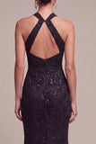Mermaid Black Sequins Halter Neck Lace Maxi Formal Dress