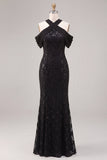 Mermaid Black Sequins Halter Neck Lace Maxi Formal Dress