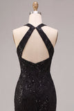 Mermaid Black Sequins Halter Neck Lace Maxi Formal Dress