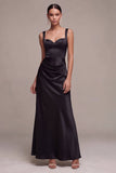 Black Mermaid Satin Ruched Thick Straps Long Formal Dress