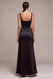Black Mermaid Satin Ruched Thick Straps Long Formal Dress