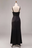 Black Mermaid Satin Ruched Thick Straps Long Formal Dress