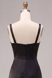 Black Mermaid Satin Ruched Thick Straps Long Formal Dress