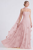 Daffodil Strapless A-Line Chiffon Long Bridesmaid Dress with 3D Flowers