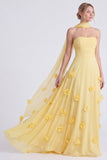 Daffodil Strapless A-Line Chiffon Long Bridesmaid Dress with 3D Flowers