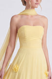 Daffodil Strapless A-Line Chiffon Long Bridesmaid Dress with 3D Flowers