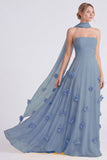 Daffodil Strapless A-Line Chiffon Long Bridesmaid Dress with 3D Flowers