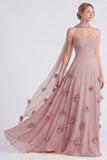 Daffodil Strapless A-Line Chiffon Long Bridesmaid Dress with 3D Flowers