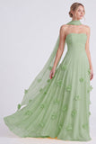 Daffodil Strapless A-Line Chiffon Long Bridesmaid Dress with 3D Flowers