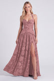Halter Neck Espresso A-Line Corset Floral Lace Up Back Long Bridesmaid Dress with Slit