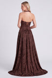 Halter Neck Espresso A-Line Corset Floral Lace Up Back Long Bridesmaid Dress with Slit
