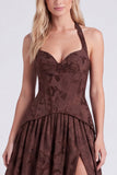 Halter Neck Espresso A-Line Corset Floral Lace Up Back Long Bridesmaid Dress with Slit