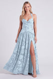 Halter Neck Espresso A-Line Corset Floral Lace Up Back Long Bridesmaid Dress with Slit