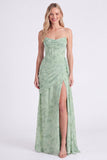 Dusty Sage Strapless Corset Mermaid Chiffon Ruched Floral Long Bridesmaid Dress with Slit
