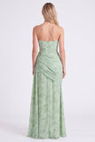 Dusty Sage Strapless Corset Mermaid Chiffon Ruched Floral Long Bridesmaid Dress with Slit