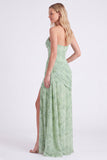 Dusty Sage Strapless Corset Mermaid Chiffon Ruched Floral Long Bridesmaid Dress with Slit