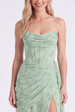 Dusty Sage Strapless Corset Mermaid Chiffon Ruched Floral Long Bridesmaid Dress with Slit