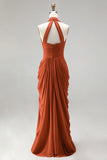 Burnt Orange Halter Neck Ruched Sheath Long Formal Dress