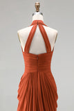Burnt Orange Halter Neck Ruched Sheath Long Formal Dress