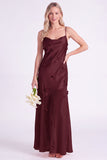 Pink Sheath Satin Spaghetti Straps Long Bridesmaid Dress with 3D Flowers