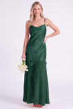 Pink Sheath Satin Spaghetti Straps Long Bridesmaid Dress with 3D Flowers