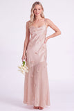 Pink Sheath Satin Spaghetti Straps Long Bridesmaid Dress with 3D Flowers
