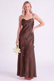 Pink Sheath Satin Spaghetti Straps Long Bridesmaid Dress with 3D Flowers
