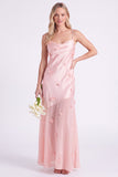 Pink Sheath Satin Spaghetti Straps Long Bridesmaid Dress with 3D Flowers