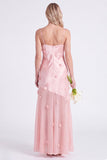 Pink Sheath Satin Spaghetti Straps Long Bridesmaid Dress with 3D Flowers