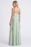 A-Line Sage Chiffon Floral Spaghetti Straps Long Bridesmaid Dress