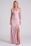 Floral Jacquard Ruffle Strap Long Bridesmaid Dress with Slit
