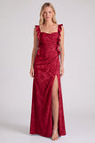 Floral Jacquard Ruffle Strap Long Bridesmaid Dress with Slit