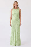 Sage Floral Bateau Neck Mermaid Backless Long Bridesmaid Dress