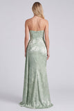 Satin Sage Strapless Ruched Mermaid Floral Long Bridesmaid Dress with Sash