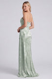 Satin Sage Strapless Ruched Mermaid Floral Long Bridesmaid Dress with Sash
