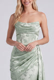 Satin Sage Strapless Ruched Mermaid Floral Long Bridesmaid Dress with Sash