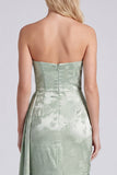 Satin Sage Strapless Ruched Mermaid Floral Long Bridesmaid Dress with Sash