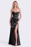 Strapless Sage Floral Corset Mermaid Ruched Long Bridesmaid Dress with Slit