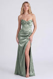 Strapless Sage Floral Corset Mermaid Ruched Long Bridesmaid Dress with Slit