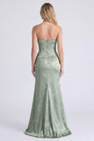 Strapless Sage Floral Corset Mermaid Ruched Long Bridesmaid Dress with Slit