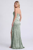Strapless Sage Floral Corset Mermaid Ruched Long Bridesmaid Dress with Slit
