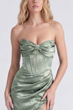 Strapless Sage Floral Corset Mermaid Ruched Long Bridesmaid Dress with Slit