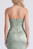 Strapless Sage Floral Corset Mermaid Ruched Long Bridesmaid Dress with Slit